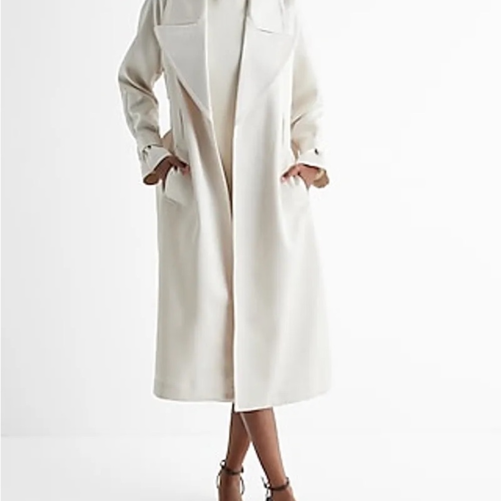 Elegant White Long Satin Trench Coat - XL